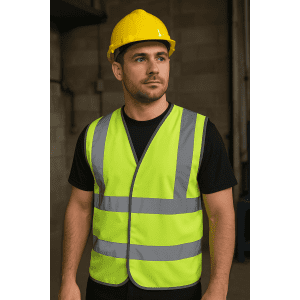A safety vest in fluorescent yellow with reflective stripes worn by a man in a black shirt and yellow hard hat.