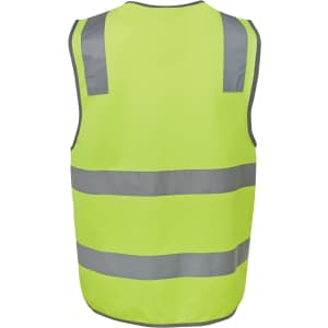 A high-visibility safety vest in bright yellow with reflective grey stripes and a logo.