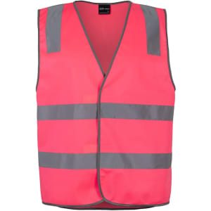 A fluorescent pink safety vest with reflective grey stripes and a front opening. Features a logo.