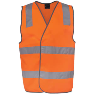An orange safety vest with reflective silver stripes and a logo. Designed for visibility and safety.