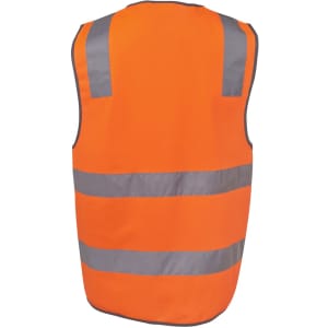 An orange safety vest with reflective stripes and a logo, suitable for high visibility.