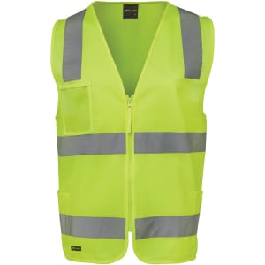 A high-visibility yellow zip safety vest with grey reflective stripes and pockets, featuring a logo.