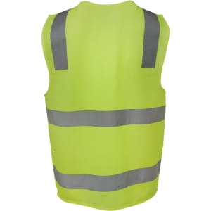 A high-visibility yellow safety vest with grey reflective strips and a logo on the back.