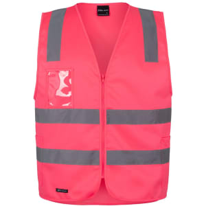 A bright pink safety vest with reflective grey stripes and a chest pocket, featuring a logo.