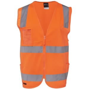 An orange safety vest with reflective silver stripes and a front pocket, featuring a zip closure and no sleeves.