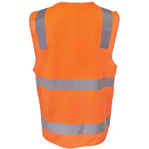 An orange safety vest featuring reflective grey stripes and a logo on the back.