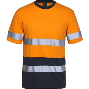 An orange and navy work t-shirt featuring reflective stripes and a pocket. It has a logo on the label.