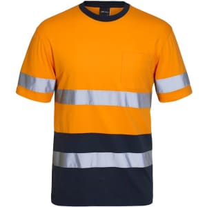 An orange and navy work T-shirt with reflective stripes and a chest pocket. It has a logo on the label.