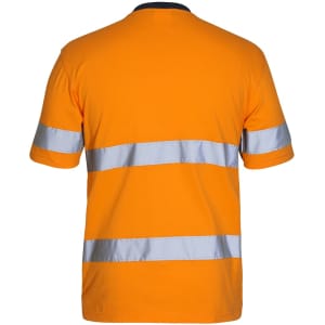 An orange work T-shirt featuring reflective stripes and a branding logo on the back.