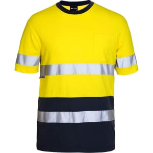 A high-visibility yellow cotton T-shirt with navy blue accents and reflective stripes. It features a chest pocket and branding.