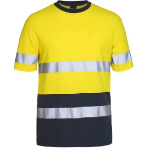 A high-visibility yellow and navy cotton T-shirt featuring reflective strips and a pocket. Includes a logo.
