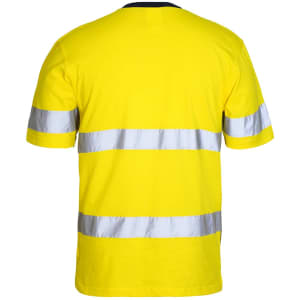 A bright yellow work t-shirt featuring silver reflective stripes, suitable for high visibility. It has a logo on it.