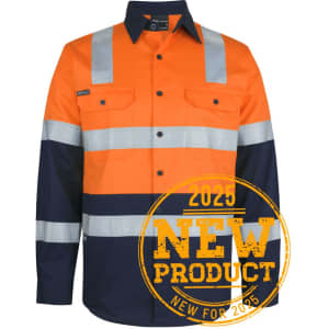 Long-sleeved safety shirt in orange and navy, featuring reflective stripes and a logo on the chest.