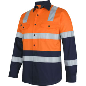 A long-sleeved work shirt in orange and navy blue with reflective strips and two front pockets. It has a logo.