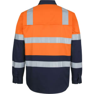 High-visibility long sleeve shirt in orange and navy, featuring reflective stripes and a branding logo.