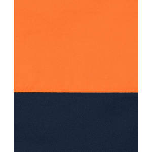 A long-sleeve shirt featuring bright orange and navy blue fabric, designed for safety wear with a logo present.