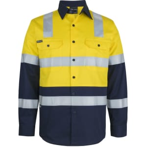 A long-sleeve safety shirt featuring reflective stripes in yellow and dark navy with a logo on the chest.