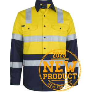 High-visibility long-sleeve shirt in yellow and navy, featuring reflective stripes and a logo.