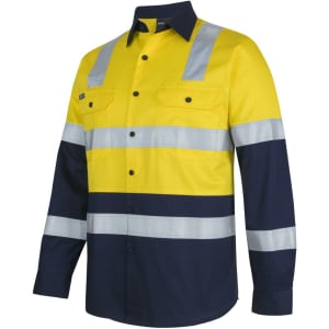A long-sleeve safety shirt in high-visibility yellow and navy, featuring reflective stripes and two chest pockets.