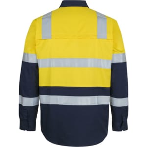 A long-sleeve safety shirt in yellow and navy blue with reflective strips and a logo.