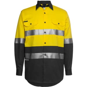 A high-visibility long-sleeve work shirt in yellow and black with reflective stripes and a logo.