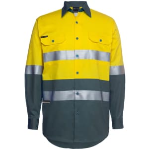 A long-sleeve work shirt in bright yellow and dark green with reflective stripes and a logo.