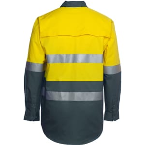 A yellow and dark green long-sleeve work shirt with reflective stripes and a logo.