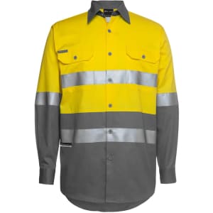 High-visibility long-sleeve work shirt in yellow and grey, featuring reflective stripes and two front pockets.
