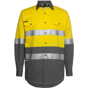 A long-sleeve work shirt in bright yellow and grey, featuring reflective stripes and a logo on the chest.