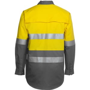 High-visibility long sleeve work shirt in yellow and grey, featuring reflective stripes and a logo.