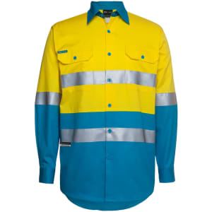Long-sleeved work shirt in bright yellow and blue with reflective stripes and two chest pockets, featuring a logo.