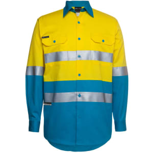 A long-sleeve work shirt in bright yellow and blue with reflective stripes and a logo.