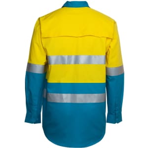 A long-sleeve work shirt in bright yellow and teal, featuring reflective stripes and a logo.