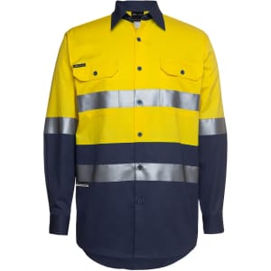 A long-sleeved work shirt in high-visibility yellow and navy, featuring reflective stripes and pocket details.
