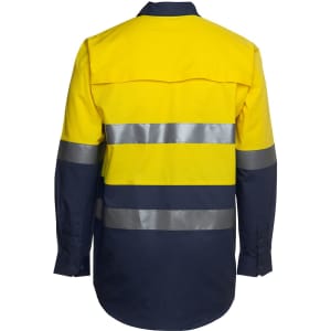 A long-sleeve work shirt in fluorescent yellow and navy, featuring reflective stripes and a partial collar.