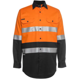 An orange and black long-sleeve work shirt with reflective strips and a logo. Features two chest pockets and buttons.