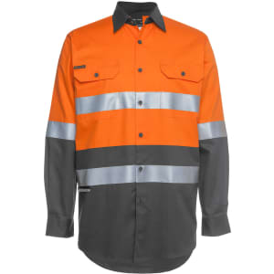 An orange and grey long-sleeve work shirt with reflective stripes and pockets. It features branding on the sleeve.
