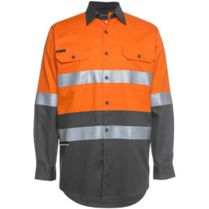 Long-sleeve work shirt in orange and charcoal with reflective stripes and a logo. Features two chest pockets.