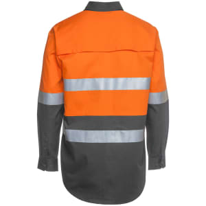 A long-sleeve work shirt in orange and grey with reflective stripes and a logo on the back.