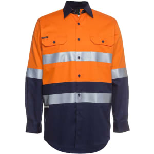 An orange and navy long-sleeve work shirt with reflective stripes and a logo.