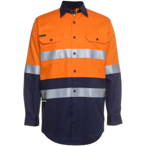 Long-sleeve work shirt in orange and navy, featuring reflective stripes and pocket details. Includes a logo.