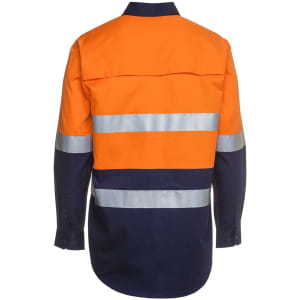 A long-sleeve work shirt in orange and navy, featuring reflective stripes and a logo on the back.