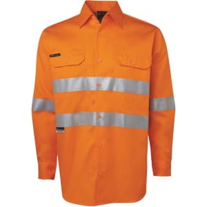 An orange long-sleeve work shirt featuring silver reflective stripes and two chest pockets. It has a logo.