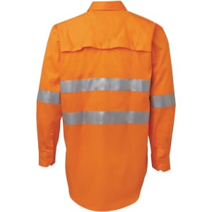 An orange long-sleeve work shirt featuring reflective silver stripes, with a logo on the upper back.