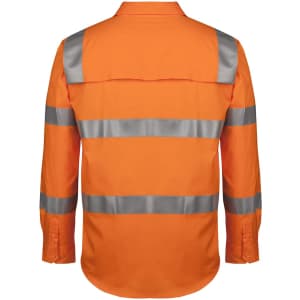 An orange long-sleeve work shirt featuring reflective silver stripes and a back yoke design. The shirt has a logo.