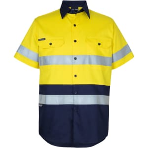 A short-sleeved work shirt in high-visibility yellow and navy, featuring reflective strips and a logo.