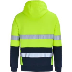 A high-visibility yellow hoodie with reflective stripes and a navy hood and bottom sections. It has a logo.