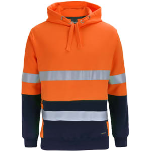 An orange and navy pull over hoodie featuring reflective stripes and a hood. It has a logo on the front.