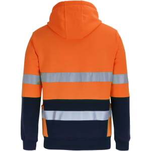 An orange and navy work hoodie featuring reflective stripes and a hood, with branding on the garment.