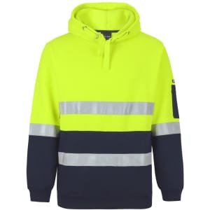 A high-visibility hoodie in bright yellow and navy, featuring reflective stripes and a logo. Suitable for workwear.
